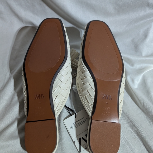 NWT Zara Women Off White Mule Clog Suede Tassel Woven Flat Eur 37 US 6.5 - Picture 6 of 7